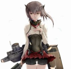 Rule 34 | 1girl, bike shorts, brown eyes, brown hair, cowboy shot, flat chest, flight deck, hand on own chest, headband, kantai collection, looking at viewer, mable, machinery, open mouth, pleated skirt, red skirt, short hair, simple background, skirt, solo, taihou (kancolle), white background