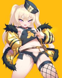 Rule 34 | 1girl, :d, absurdres, azur lane, bache (azur lane), belt, blonde hair, blush, breasts, collar, covered erect nipples, fang, fishnet thighhighs, fishnets, fur trim, hat, highres, jacket, long hair, looking at viewer, navel, open mouth, panamuru, purple eyes, sailor collar, short shorts, shorts, simple background, single thighhigh, smile, solo, star-shaped pupils, star (symbol), symbol-shaped pupils, thighhighs, yellow background
