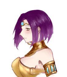 Rule 34 | 1girl, breasts, chinese commentary, closed mouth, commentary request, egyptian clothes, forehead jewel, kc-rk sl, large breasts, profile, purple hair, saibou shinkyoku, shirt, short hair, simple background, sleeveless, sleeveless shirt, smile, solo, sunagawa nei, usekh collar, white background, yellow eyes, yellow shirt