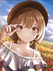 Rule 34 | 1girl, beret, blouse, blue sky, brown eyes, brown hair, cloud, cloudy sky, collarbone, day, dutch angle, eyelashes, field, flower, flower field, hand up, hat, highres, jushoro, looking at viewer, low twintails, original, outdoors, parted lips, shirt, sky, solo, spaghetti strap, tulip, twintails, upper body, wide-eyed