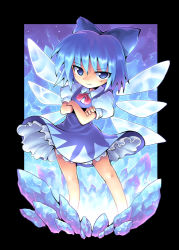 1girl blue_eyes blue_hair border cirno embodiment_of_scarlet_devil female_focus kurogarasu matching_hair/eyes outside_border short_hair solo touhou wings