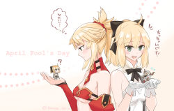 Rule 34 | 2girls, :d, ?, april fools, artoria pendragon (all), artoria pendragon (fate), black bow, black ribbon, blonde hair, bow, bra, breasts, choker, fate (series), gloves, green eyes, hair between eyes, hair bow, hair ornament, hair scrunchie, high ponytail, long hair, looking down, medium breasts, mini person, minigirl, mordred (fate), mordred (fate/apocrypha), multiple girls, neck ribbon, open mouth, red bra, red scrunchie, ribbon, saber lily, scrunchie, sideboob, sidelocks, sleeveless, smile, strapless, strapless bra, thought bubble, touru 10ru, underboob, underwear, upper body, white background, white gloves