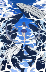 Rule 34 | 1girl, animal, barefoot, bird, black hair, blue sailor collar, blue skirt, blue sky, cloud, commentary request, day, facing away, feet, floating, highres, ligne claire, ocean, original, outdoors, outstretched arms, pleated skirt, sailor collar, school uniform, serafuku, seraphitalg, short hair, short sleeves, signature, skirt, sky, spread arms, whale, wide shot