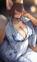 Rule 34 | 1girl, absurdres, animal ear fluff, animal ears, animal nose, blue eyes, body fur, breasts, brown fur, brown hair, cleavage, collarbone, floral print, furry, furry female, highres, japanese clothes, kimono, large breasts, looking at viewer, open mouth, original, print kimono, short hair, sitting, snout, solo, suurin (ksyaro), sweat, twitter username, white kimono