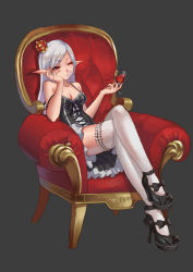 Rule 34 | 1girl, bow, chair, collarbone, crown, cup, drinking glass, elf, frills, hand on own face, high heels, highres, crossed legs, long hair, one eye closed, pointy ears, red eyes, shiraha (pixiv10239953), simple background, solo, strap slip, thighhighs, white hair, zettai ryouiki