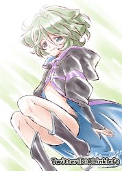 Rule 34 | 1girl, bad id, bad twitter id, blue eyes, boots, bridal gauntlets, closed mouth, commentary request, elfnein, green hair, link (aa30), looking at viewer, senki zesshou symphogear, short hair, smile, solo