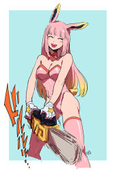 Rule 34 | 1girl, animal ears, blush, breasts, chainsaw, closed eyes, fate/grand order, fate (series), gloves, large breasts, learning with manga! fgo, leotard, long hair, nishiyama (whatsoy), pink hair, playboy bunny, rabbit ears, riyo servant (bunnygirl) (fate), smile, white background, white gloves