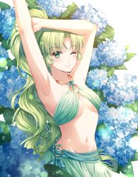 Rule 34 | 1girl, ;), absurdres, armpits, arms up, breasts, cleavage, day, flower, green eyes, green hair, green skirt, groin, hair intakes, high ponytail, highres, huge filesize, hydrangea, iyar, long hair, medium breasts, midriff, navel, one eye closed, original, outdoors, skirt, smile, solo, standing, stomach, underboob, very long hair