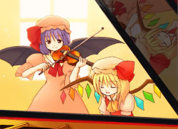 Rule 34 | 2girls, ascot, bad id, bad pixiv id, bat wings, blonde hair, collar, dress, eijima moko, closed eyes, flandre scarlet, hat, hat ribbon, indoors, instrument, light particles, light smile, multiple girls, music, open mouth, piano, pink dress, playing instrument, puffy short sleeves, puffy sleeves, purple hair, red vest, reflection, remilia scarlet, ribbon, shirt, short hair, short sleeves, siblings, side ponytail, sisters, smile, touhou, vest, violin, white shirt, window, wings