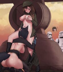 Rule 34 | 2boys, 2girls, absurdres, animal ears, ass, blue eyes, blush, breasts, brown hair, clone trooper, commission, cunnilingus, female masturbation, galactic empire, hand on another&#039;s head, hat, helmet, highres, hyo (lhyorin), large breasts, masturbation, military, military hat, military uniform, multiple boys, multiple girls, navel, nipples, one eye closed, oral, original, pants around one leg, public indecency, pussy juice, star wars, stealth sex, tail, uniform, yuri