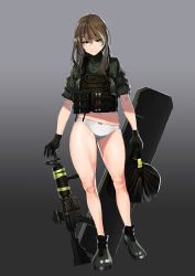 Rule 34 | 1girl, absurdres, ammunition, assault rifle, bad id, bad pixiv id, black gloves, brown hair, bulletproof vest, commentary request, girls&#039; frontline, gloves, gun, highres, ihobus, long hair, looking at viewer, m4 carbine, m4a1 (girls&#039; frontline), magazine (weapon), no pants, panties, bulletproof vest, rifle, sleeves rolled up, smile, sweater, thighs, underwear, weapon, white panties