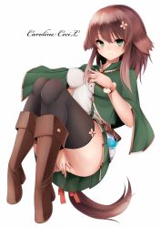 Rule 34 | 1girl, animal ears, ass, bad id, bad pixiv id, belt, black thighhighs, boots, breasts, brown hair, covered erect nipples, full body, green eyes, hair ornament, high heels, highres, long hair, looking at viewer, original, panties, pantyshot, potion, simple background, smile, snm (sunimi), solo, tail, thighhighs, underwear, white background, white panties