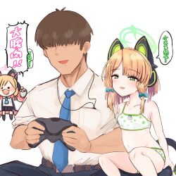 Rule 34 | 1boy, 2girls, animal ear headphones, animal ears, blonde hair, blue archive, blue bow, blue necktie, bow, bra, brown hair, cat ear headphones, collared shirt, controller, fake animal ears, fake tail, game controller, green eyes, hair bow, halo, headphones, highres, holding, holding controller, holding game controller, midori (blue archive), momoi (blue archive), multiple girls, navel, necktie, open mouth, panties, polka dot, polka dot bra, polka dot panties, sensei (blue archive), shiming liangjing, shirt, siblings, sisters, sitting, speech bubble, tail, translation request, underwear, white background, white shirt