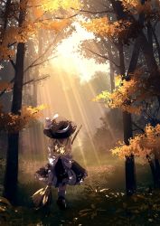 Rule 34 | 1girl, black hat, blonde hair, bow, broom, dappled sunlight, dise (psychoro), dress, forest, frilled dress, frills, from behind, hat, hat bow, highres, holding, holding broom, kirisame marisa, long hair, nature, outdoors, shoes, socks, solo, standing, sunlight, touhou, tree, white bow, white socks, witch hat