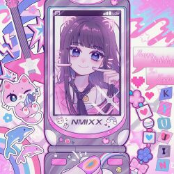 Rule 34 | 1girl, animification, black necktie, blunt bangs, blush, cat, cellphone, chain, character name, dress, finger to cheek, flip phone, floating hair, guitar, happy birthday, head tilt, heart, highres, instrument, k-pop, kyujin (nmixx), lock, necktie, nmixx, o bianyi didi shu o, off-shoulder dress, off shoulder, one eye closed, party popper, phone, pink nails, pink shirt, plaid, plaid shirt, portrait, pov, purple eyes, real life, shirt, smile, solo, star (symbol), tank top, white tank top
