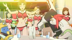 Rule 34 | 10s, 2boys, 5girls, animated, animated gif, boobies uniform, dancing, lowres, meow (space dandy), midriff, multiple boys, multiple girls, qt (space dandy), robot, space dandy