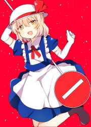Rule 34 | 1girl, apron, blonde hair, blue dress, blush, brown footwear, collared dress, commentary request, dress, elbow gloves, gloves, hat, hat ribbon, highres, kana anaberal, open mouth, puffy short sleeves, puffy sleeves, red background, red ribbon, ribbon, road sign, short hair, short sleeves, sign, sun hat, touhou, waist apron, white apron, white gloves, white headwear, yellow eyes, zerokosan