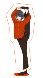 Rule 34 | 1boy, black eyes, black footwear, black hair, blush, brown pants, chinese clothes, closed mouth, flats, full body, gold trim, highres, jacket, limbus company, looking at viewer, mandarin collar, pants, project moon, red jacket, shoes, solo, split, standing, standing on one leg, standing split, uchimura (rino0525), yi sang (project moon)
