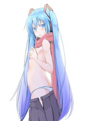 Rule 34 | 1girl, blue eyes, blue hair, blush, breasts, colored eyelashes, covering breasts, covering privates, from side, hatsune miku, headphones, highres, kazenoko, long hair, matching hair/eyes, scarf, skirt, solo, striped legwear, topless, twintails, very long hair, vocaloid, white background