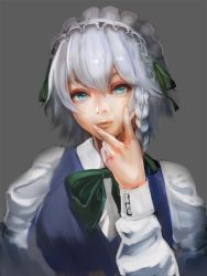 Rule 34 | 1girl, axe r18, blue eyes, blue vest, bow, bowtie, braid, closed mouth, commentary request, green bow, green bowtie, green ribbon, grey background, grey hair, hair between eyes, hair ribbon, hand on own face, izayoi sakuya, looking at viewer, maid headdress, puffy short sleeves, puffy sleeves, ribbon, shirt, short hair, short sleeves, side braid, simple background, single braid, smile, solo, touhou, upper body, vest, white shirt
