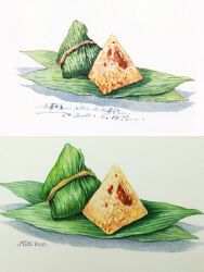 Rule 34 | absurdres, artist name, bamboo leaf, dachangya shouhui, dragon boat festival, english text, food, food focus, highres, no humans, original, still life, traditional media, zongzi