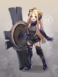 Rule 34 | 1girl, abigail williams (fate), arm guards, armor, armored dress, bare shoulders, black bow, black leotard, blonde hair, blue eyes, blush, bow, breasts, cosplay, elbow gloves, fate/grand order, fate (series), forehead, full body, gloves, gradient background, greaves, hair bow, highres, leotard, long hair, looking at viewer, mash kyrielight, mash kyrielight (cosplay), miya (miyaruta), open mouth, orange bow, parted bangs, purple gloves, shield, small breasts, smile, solo, thigh strap, thighhighs