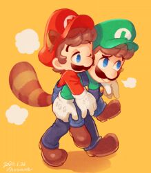 Rule 34 | 2boys, animal ears, artist name, blue eyes, blue overalls, blue pants, brothers, brown footwear, brown hair, carrying, closed mouth, commentary request, dated, facial hair, gloves, green headwear, green shirt, hat, long sleeves, looking at another, luigi, male focus, mario, mario (series), multiple boys, mustache, nintendo, nonana (galaxycat89p13), one eye closed, overalls, pants, piggyback, puff of air, raccoon boy, raccoon ears, raccoon mario, raccoon tail, red headwear, red shirt, shadow, shirt, shoes, short hair, siblings, signature, simple background, smile, smirk, super leaf (transformation), super mario bros. 3, tail, walking, white gloves, yellow background