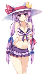Rule 34 | 1girl, :/, alternate hairstyle, alternate headwear, bikini, bikini skirt, blush, bow, bracelet, breast rest, breasts, cleavage, collarbone, crescent, frilled bikini, frills, front-tie top, hair bow, hair ornament, hat, hat ribbon, highres, jewelry, jitome, long hair, looking at viewer, low twintails, maturiuta sorato, navel, necklace, panties, patchouli knowledge, pendant, pink eyes, purple bikini, purple hair, ribbon, simple background, solo, sun hat, swimsuit, touhou, twintails, underwear, white background