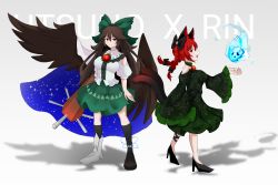 Rule 34 | 2girls, absurdres, adapted costume, animal ears, arm cannon, asymmetrical footwear, bird wings, black wings, bow, braid, cape, cat ears, cat tail, character name, chest jewel, clothing cutout, dress, feathered wings, green bow, green dress, green skirt, hair bow, high heels, highres, kaenbyou rin, lingdu876, long hair, mismatched footwear, multiple girls, multiple tails, off-shoulder dress, off shoulder, red eyes, red hair, reiuji utsuho, shadow, shoulder cutout, skirt, starry sky print, tail, touhou, twin braids, two tails, weapon, white cape, wings