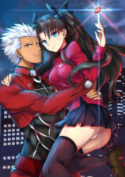 Rule 34 | 1boy, 1girl, archer (fate), black ribbon, black skirt, black thighhighs, blue eyes, brown eyes, brown footwear, brown hair, fate/stay night, fate (series), floating hair, gem, hair between eyes, hair ribbon, hand on another&#039;s shoulder, kelinch1, loafers, long hair, looking at viewer, miniskirt, night, outdoors, panties, pleated skirt, red shirt, ribbon, shirt, shoes, silver hair, skirt, sky, smile, star (sky), starry sky, thighhighs, tohsaka rin, twintails, two side up, underwear, very long hair, white panties