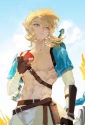 Rule 34 | 1boy, abs, apple, arm guards, bandaged arm, bandages, belt, blonde hair, blue eyes, chest strap, cloud, cloudy sky, detached sleeves, earrings, eating, fingerless gloves, food, fruit, gloves, hair between eyes, holding, holding food, holding fruit, jewelry, link, looking to the side, male focus, medium hair, muscular, muscular male, navel, nintendo, outdoors, panni xing, pants, pectorals, pointy ears, sky, solo, sword, the legend of zelda, weapon, weapon on back, white pants