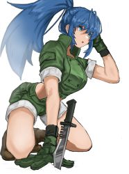 Rule 34 | 1girl, ahoge, blue eyes, blue hair, boots, breasts, brown footwear, combat knife, flasso, full body, gloves, green gloves, hand on own head, highres, kneeling, knife, large breasts, leona heidern, long hair, midriff, parted lips, ponytail, short sleeves, shorts, simple background, solo, the king of fighters, thighs, weapon, white background