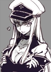 Rule 34 | 1girl, akame ga kill!, breasts, c.c., cleavage, code geass, cosplay, creayus, crossed arms, esdeath, esdeath (cosplay), grey background, hat, heart, long hair, looking at viewer, military, military hat, monochrome, simple background, smile, solo, trait connection
