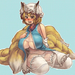 Rule 34 | 1girl, adapted costume, alternate costume, alternate headwear, animal ears, blue background, blush, breasts, brown eyes, chanta (ayatakaoisii), curvy, detached sleeves, eyebrows, fang, female focus, fox ears, fox tail, frilled thighhighs, frills, full body, hand on own chest, hat, huge breasts, large breasts, mob cap, multiple tails, open mouth, polka dot, polka dot background, see-through, short hair, sitting, solo, sweatdrop, tabard, tail, teeth, thick thighs, thighhighs, thighs, tongue, touhou, underboob, wariza, white thighhighs, yakumo ran