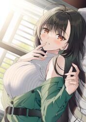 Rule 34 | 1girl, ahoge, bare shoulders, belt, black belt, black hair, blush, breasts, casual, commentary request, cover, cover page, day, dutch angle, ga bunko, green jacket, hair over shoulder, highres, indoors, jacket, kuroki (ma-na-tu), large breasts, long hair, long sleeves, looking at viewer, lying, novel cover, novel illustration, official art, on bed, open mouth, red eyes, red nails, short hair, sidelocks, smile, solo, sunlight, sweater, turtleneck, turtleneck sweater, white sweater, window