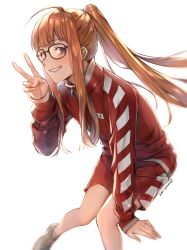 Rule 34 | 1girl, ahoge, black eyes, commentary request, grin, gym uniform, jacket, long hair, long sleeves, looking at viewer, orange hair, persona, persona 5, red jacket, red shorts, sakura futaba, shoes, shorts, sidelocks, simple background, smile, sneakers, solo, sonomi, track jacket, v, very long hair, white background, zipper, zipper pull tab