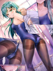 Rule 34 | 10s, 1boy, 1girl, admiral (kancolle), aqua hair, ass, blue leotard, blue one-piece swimsuit, blush, breasts, clothes pull, collarbone, comic, competition school swimsuit, covered erect nipples, curtains, dutch angle, embarrassed, green eyes, hair ornament, hairclip, indoors, kantai collection, koyuki (kotatsu358), leotard, leotard pull, lips, long hair, medium breasts, military, military uniform, one-piece swimsuit, one-piece swimsuit pull, open mouth, pantyhose, pantyhose under swimsuit, parted lips, school swimsuit, shiny clothes, solo focus, suzuya (kancolle), swimsuit, thighband pantyhose, translation request, uniform, wedgie