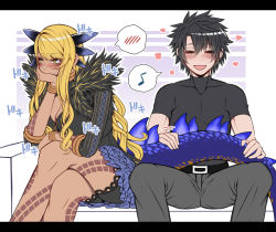 Rule 34 | 1boy, 1girl, belt, black dress, black hair, blonde hair, blush, bracelet, breasts, cleavage, covering own mouth, crossed legs, dark-skinned female, dark skin, dragon girl, dragon horns, dragon tail, dress, eighth note, embarrassed, facial mark, fate/grand order, fate (series), fujimaru ritsuka (male), horns, jewelry, large breasts, long hair, musical note, neck ring, open mouth, pants, sanmoto gorouzaemon, sitting, spoken blush, spoken musical note, sweatdrop, swept bangs, tail, vritra (fate), yellow eyes