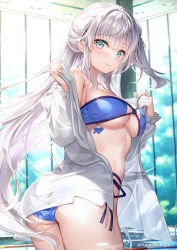 Rule 34 | 1girl, bikini, blue bikini, blush, breasts, character request, commentary request, copyright request, cover, cover page, fujima takuya, green eyes, grey hair, heart, heart tattoo, highres, large breasts, long hair, long sleeves, looking at viewer, novel cover, novel illustration, official art, open clothes, open shirt, shirt, smile, solo, string bikini, swimsuit, tattoo, thighs, white hair, white shirt