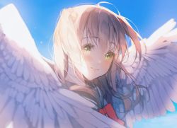Rule 34 | 1girl, absurdres, bad id, bad twitter id, blue sky, blurry, blurry foreground, bow, brown hair, closed mouth, commentary request, feathered wings, green eyes, highres, large wings, original, patch oxxo, red bow, shaded face, sky, smile, solo, sunlight, upper body, white wings, wings