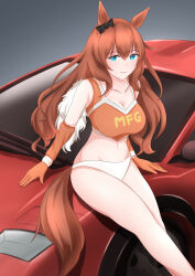 Rule 34 | 1girl, absurdres, alternate costume, animal ears, aqua eyes, black bow, bow, breasts, brown hair, car, cleavage, closed mouth, commentary request, ear bow, elbow gloves, feet out of frame, gloves, grey background, hair between eyes, highres, horse ears, horse girl, horse tail, large breasts, long hair, maruzensky (umamusume), mf ghost, midriff, motor vehicle, navel, orange gloves, orange sports bra, panties, red car, simple background, smile, solo, sports bra, sports car, tail, umamusume, underwear, white panties, yokokura wakaba