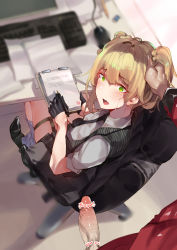 Rule 34 | 1boy, 1girl, :o, blonde hair, censored, chair, desk, eraser, erection, file, from above, girls&#039; frontline, gloves, green eyes, heart, heart censor, highres, jewelry, keyboard, looking back, mouse (computer), necktie, office chair, pen, penis, ring, sitting, skindentation, socks, solo focus, surprised, swivel chair, tears, thigh strap, twintails, welrod mkii (girls&#039; frontline), yueqin (monnpiano)