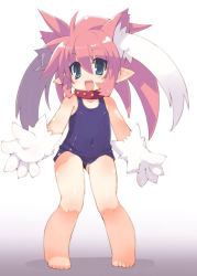 Rule 34 | 1girl, animal ears, aqua eyes, covered navel, full body, gluteal fold, gradient background, long hair, nontraditional school swimsuit, one-piece swimsuit, open mouth, original, pink hair, pointy ears, school swimsuit, simple background, solo, standing, swimsuit, white background, zankuro