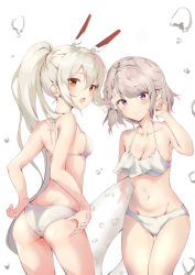 Rule 34 | 2girls, :o, adjusting clothes, adjusting swimsuit, akin (asada0825p), ass, ayanami (azur lane), azur lane, bad id, bad pixiv id, bare arms, bare shoulders, bikini, blonde hair, blush, breasts, butt crack, collarbone, cowboy shot, from behind, grey hair, hand in own hair, headgear, high ponytail, highres, holding, innertube, long hair, looking at viewer, looking back, multiple girls, navel, open mouth, orange eyes, purple eyes, short hair, sidelocks, simple background, small breasts, stomach, swept bangs, swim ring, swimsuit, thigh gap, very long hair, water drop, white background, white bikini, z23 (azur lane)