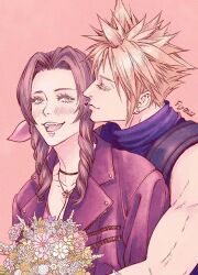 Rule 34 | 1boy, 1girl, aerith gainsborough, bare shoulders, blonde hair, blue shirt, blush, bouquet, brown hair, choker, closed eyes, cloud strife, couple, dress, earrings, fig82117s, final fantasy, final fantasy vii, final fantasy vii remake, flower, hair ribbon, hetero, highres, holding, holding bouquet, jacket, jewelry, kissing hair, long hair, muscular, muscular male, necklace, open mouth, parted bangs, pink background, pink dress, pink ribbon, red jacket, ribbon, shirt, short hair, sidelocks, single earring, sleeveless, sleeveless turtleneck, smile, spiked hair, square enix, suspenders, turtleneck, upper body