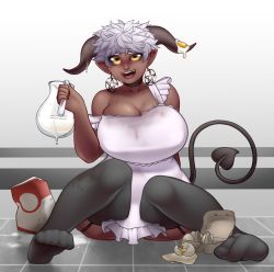 Rule 34 | 1girl, apron, black sclera, black thighhighs, blush, breasts, cleavage, colored sclera, cracked egg, dark-skinned female, dark skin, demon, demon girl, demon tail, earrings, egg, egg carton, elf-san wa yaserarenai., fangs, flour, garter straps, highres, horizontal pupils, horns, jewelry, large breasts, lingerie, looking at viewer, milk, on floor, open mouth, pentagram earrings, pitcher (container), satero (elf-san wa yaserarenai.), satyr, short hair, sitting, smile, solo, sweat, sweatdrop, tail, thighhighs, tile floor, tiles, underwear, weaponized thickness, white apron, white hair, yellow eyes