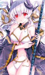 Rule 34 | 1girl, :d, bare shoulders, bikini, blush, bow, breasts, brown bow, cleavage, commentary request, cowboy shot, detached collar, dragon girl, dragon horns, fate/grand order, fate (series), hair between eyes, hair bow, halterneck, highres, holding, holding weapon, horns, kiyohime (fate), kiyohime (fate/grand order), kiyohime (swimsuit lancer) (fate), kiyohime (swimsuit lancer) (first ascension) (fate), kiyohime (third ascension) (fate), large breasts, long hair, long sleeves, looking at viewer, medium breasts, morizono shiki, navel, open mouth, parted lips, partially submerged, polearm, red eyes, side-tie bikini bottom, silver hair, smile, solo, string bikini, swimsuit, water, weapon, white bikini, wide sleeves