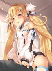 Rule 34 | 1girl, :o, ahoge, azur lane, blonde hair, blush, breasts, child, commentary request, covered navel, curtains, detached sleeves, eldridge (azur lane), facial mark, fur trim, girl on top, heart, heart ahoge, highres, indoors, kokuto (kurousagi1210), long hair, long sleeves, low twintails, open mouth, puffy long sleeves, puffy sleeves, red eyes, small breasts, solo focus, thighhighs, twintails, white thighhighs