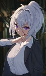 Rule 34 | 1girl, absurdres, ahoge, black coat, blood, blood on face, blurry, blurry background, coat, commentary, dress shirt, english commentary, hair between eyes, hair intakes, highres, ine (vtuber), long bangs, long sleeves, looking at viewer, night, open clothes, open coat, parted lips, ponytail, purple eyes, rinrasetsu, serious, shirt, short hair, sidelighting, solo, upper body, v-shaped eyebrows, virtual youtuber, waktaverse, white hair, white shirt