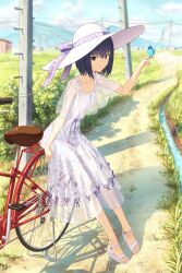 Rule 34 | 1girl, bicycle, bird, bird on hand, black eyes, black hair, blue bird, blue sky, breasts, closed mouth, day, dress, fate/grand order, fate (series), full body, hat, highres, kamo ashi, kuonji alice, looking at viewer, lost robin rondo, mahou tsukai no yoru, medium breasts, outdoors, see-through, short hair, sky, smile, spaghetti strap, sun hat, sundress, white dress